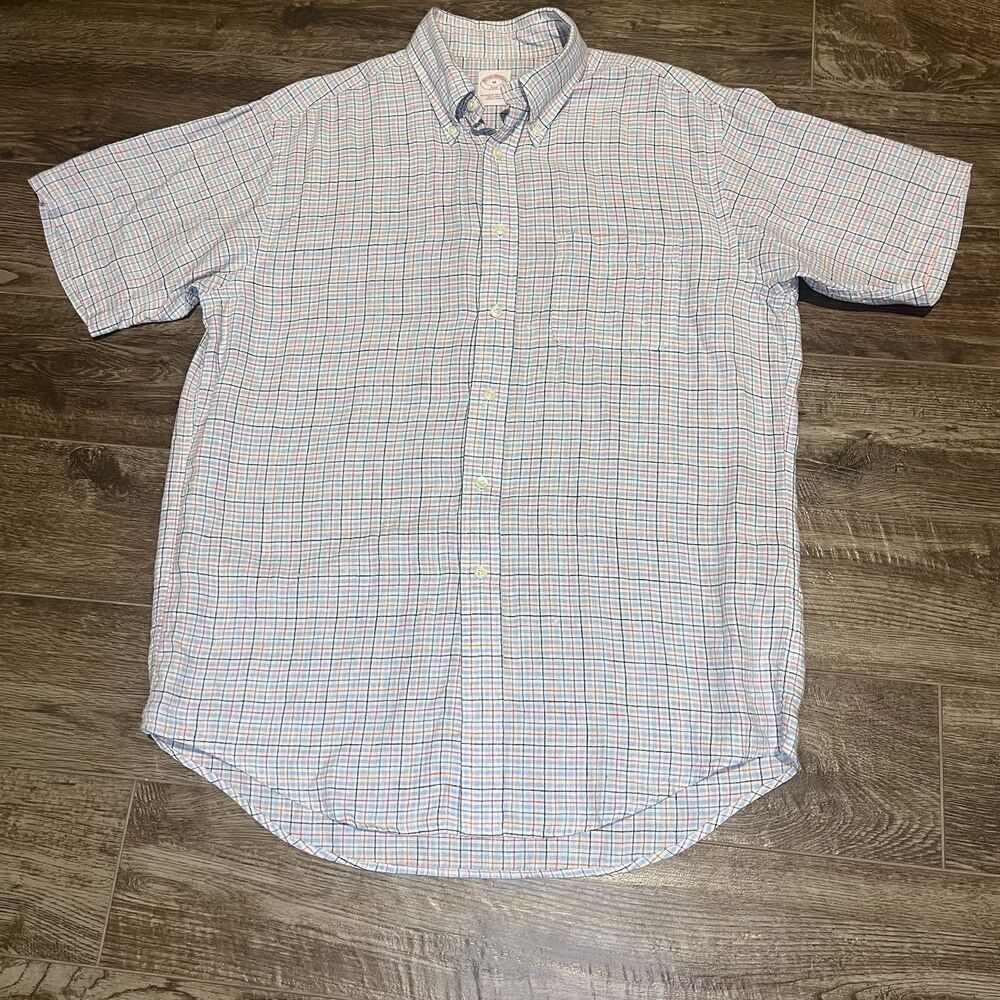 Brooks Brothers 100% Linen Shirt Mens M Blue Plaid The Original Polo Casual 346